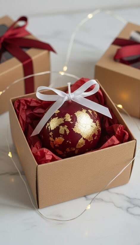 Christmas candle in the shape of a Christmas ball, Maroon and gold foil 